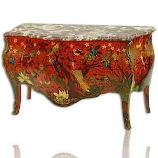 Early 20th Century Artist Painted Louis XV style Bronze Mounted Bombe Commode with Breche Violette Marble Top