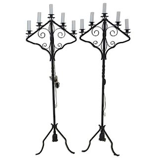 Pair Large Vintage Wrought Iron Standing Candelabra Now As Lamps. Each with Five (5) Lights.