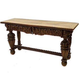 18th Century Italian Renaissance Carved Walnut Console Table With Two Drawers.