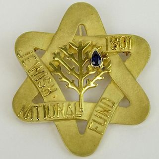 Vintage 14 Karat Yellow Gold Jewish National Fund Star Pendant/Brooch with Sapphire Accent.