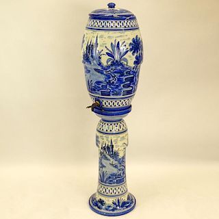 Large Antique Blue & White Covered Pottery Urn With Spigot On Stand.