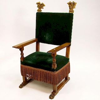 19th Century Italian Renaissance Style Walnut Armchair with Carved and Giltwood Finials.
