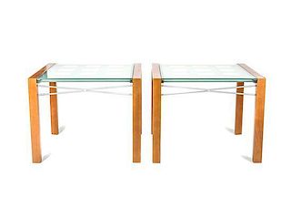 Two Ligne Roset Extensia Tempered Glass and Beechwood Dining Tables, Height 29 1/4 x width 37 x depth 37 inches.