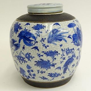 Large Antique Chinese Blue & White Porcelain Ginger Jar With Lid. The body with flower, bird, insect and fruit motif. The lid with double happiness ma