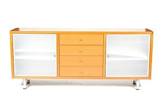 A Ligne Roset Beechwood and Glass Sideboard, Height 37 5/8 x width 87 x depth 17 3/4 inches.