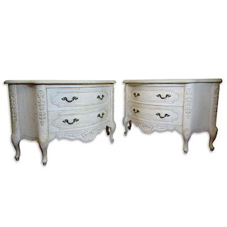 Pair of Vintage Louis XV Style Painted Two Drawer Commodes With Attached Man Made Faux Stone Tops.