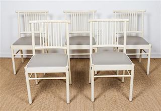 Five Contemporary White Dining Chairs, Height 33 1/2 inches.