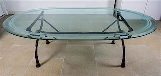 A Bronzed Metal Base Glass Top Dining Table, Height 28 1/4 x width 95 x depth 53 1/4 inches.