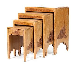 A Group of Carved Wood Nesting Tables, Height 25 x width 20 1/4 x depth 13 3/4 inches.