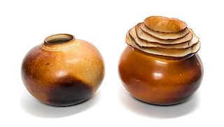 Two Pottery Vases, Height of larger 9 1/4 x width 9 3/4 inches.