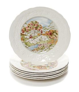 A Set of Six French Porcelain Plates, Gien, Diameter 10 inches.