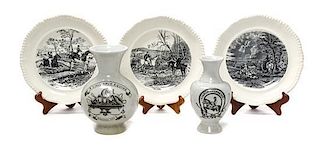 Five Transfer Decorated Porcelain Articles, Diameter of plate 9 1/2 inches.