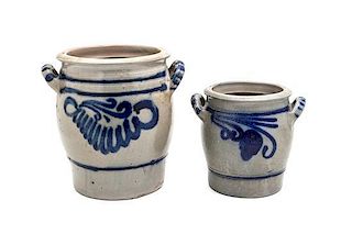 A Pair of Salt-Glazed Stoneware Crocks, Height of taller 9 3/4 inches.