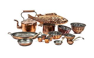 A Collection of Copper Serving Pieces, Height of tea kettle 13 inches.