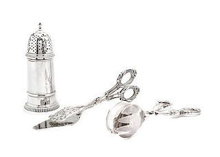 A Collection of Three Sterling and Sterling-Mounted Articles, Length of longest 9 5/8 inches.