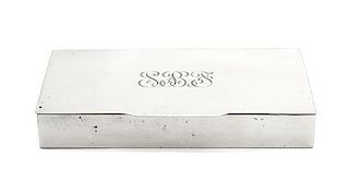 A Silver Cigarette Box, Height 1 1/8 x length 7 5/8 inches.