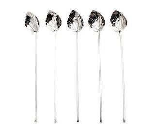 Five Mexican Silver Iced Tea Spoons, Length 7 5/8 inches.