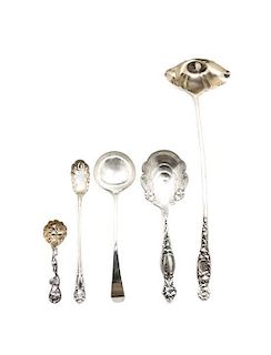 A Collection of Five American Silver Serving Spoons, Length of longest 15 inches.
