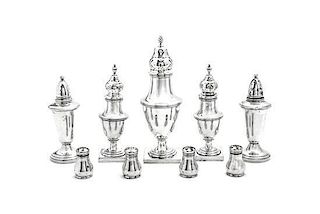 Four American Diminutive Silver Shakers, Height of tallest 6 1/2 inches.