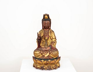 Chinese Polychrome Guanyin Wood Carving