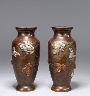 Pair of Japanese Mixed-Metal Sahkudo Vases