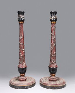 Pair of Meiji period Japanese lacquer wood candlesticks