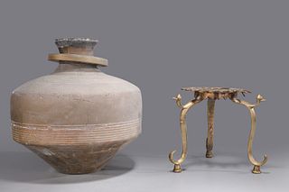 Antique Indian Brass Pot Atop Stand
