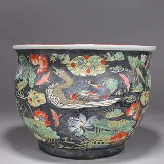 Antique Chinese Famille Noire Enameled Porcelain Fish Bowl