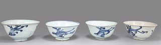 Four Chinese Ming Dynasty Blue & White Porcelain Bowls