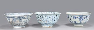 Three Chinese Ming Dynasty Blue & White Porcelain Bowls