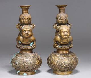 Chinese Bronze Candlestick Holders of Children