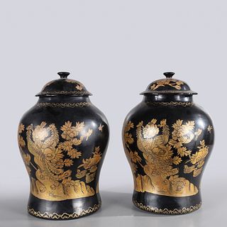 Pair Chinese Gold & Black Lacquer Jars