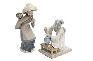 Lot of two Lladro Porcelain Sculptures of Asian Women