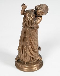 Antique Grand Tour Cabinet Bronze Sculpture of Young Girl with a Dove