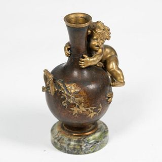 Auguste Moreau (French, 1826-1919). Antique Cabinet Bronze Sculpture of a Putto/ Vase