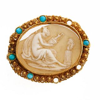 Exceptional circa 1830 18k gold carved cameo brooch classic mythological scene