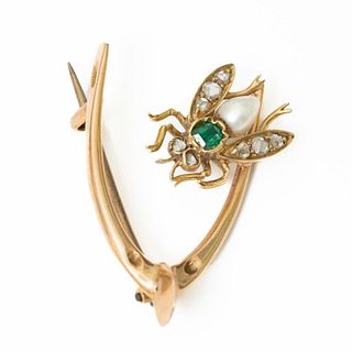 19th Century 14K gold Emerald, Pearl and Diamond Brooch