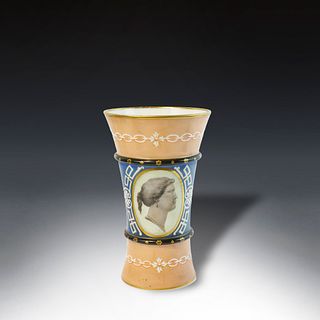 A European opaline vase with a classic hand painted scene.