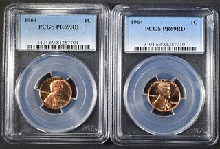 2 1964 LINCOLN CENTS, PCGS PR 69RD