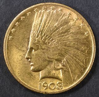 1908 NO MOTTO GOLD $10 INDIAN  CH BU
