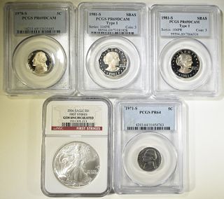 LOT OF 5 GRADED COINS: