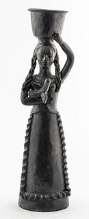 Black Clay Sculpture Of Woman Carrying Bucket