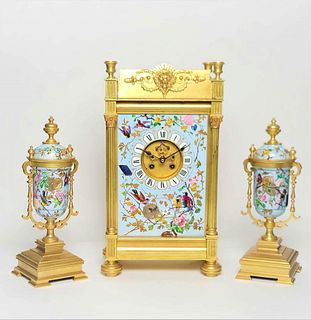 19 Century French Japanese Gilt Bronze Pendulum Clock Set
