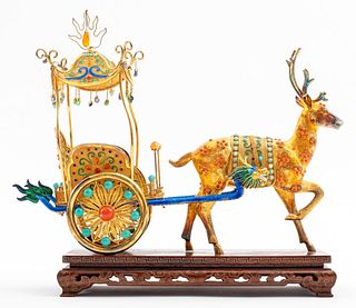 Chinese Silver Filigree Enamel Stag & Coach Figure