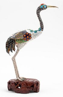 Chinese Silver Filigree Enamel Crane Sculpture