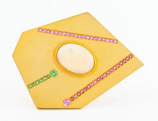 Modern Art 14K Yellow Gold Opal & Gemstone Brooch