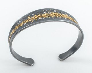 Modern Art Oxidized Silver Gold & Diamond Cuff