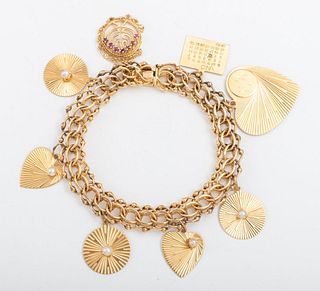 Vintage 14K Gold Charm Bracelet W Hearts Menorah