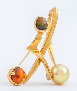 18K Yellow Gold Pearl and Opal Pin / Pendant