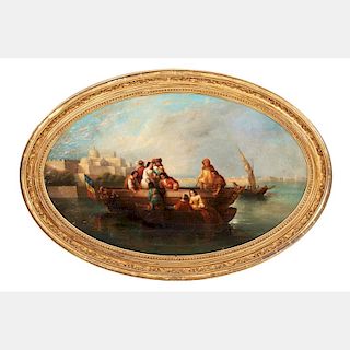 Artist Unknown (French, 19th Century) Figures on a Boat, Oil on canvas,